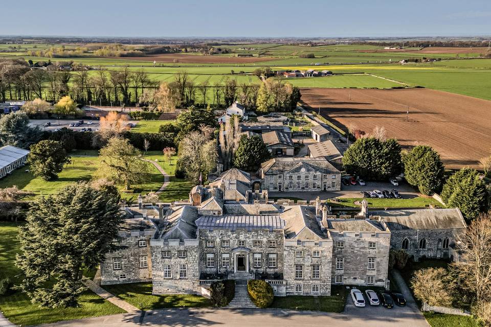 DRONE SHOT OF HAZELWOOD CASTLE