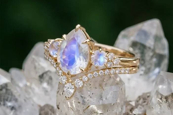 Moonstone bridal ring sets