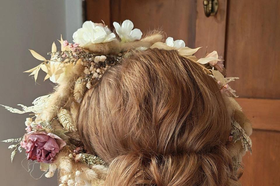 Low bun with flower crown