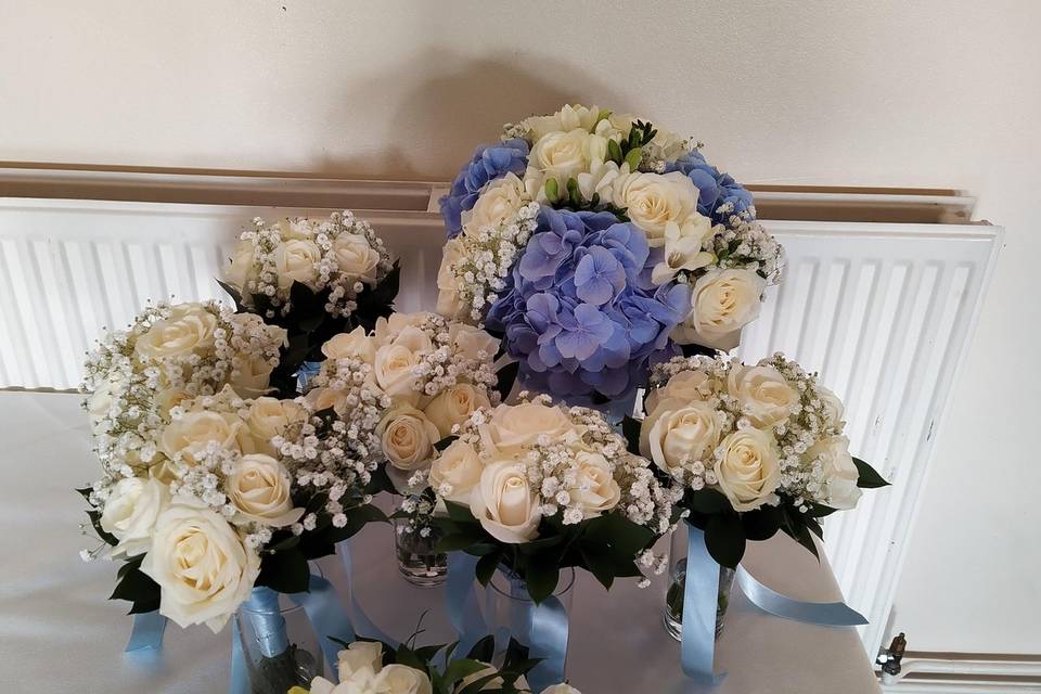 Blue and white bouquets