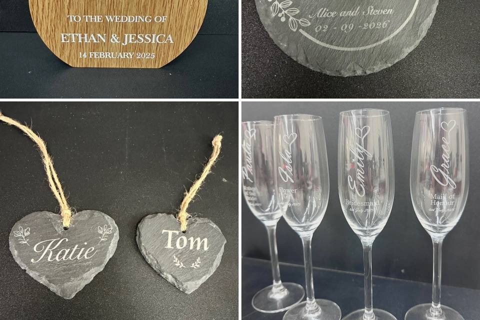 Engraved coasters, glasses,