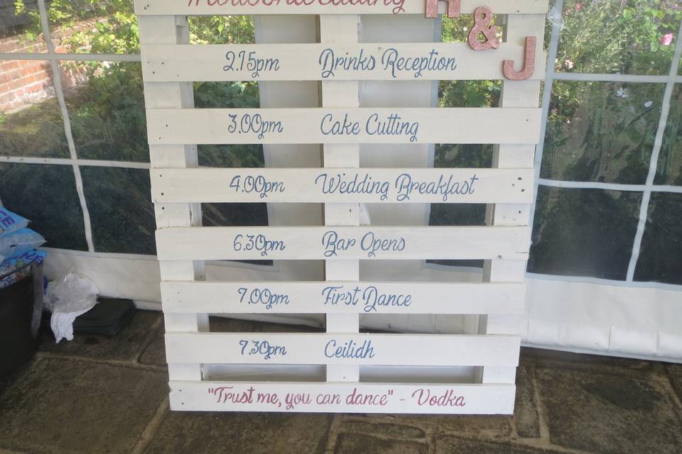 Running order for the wedding day.