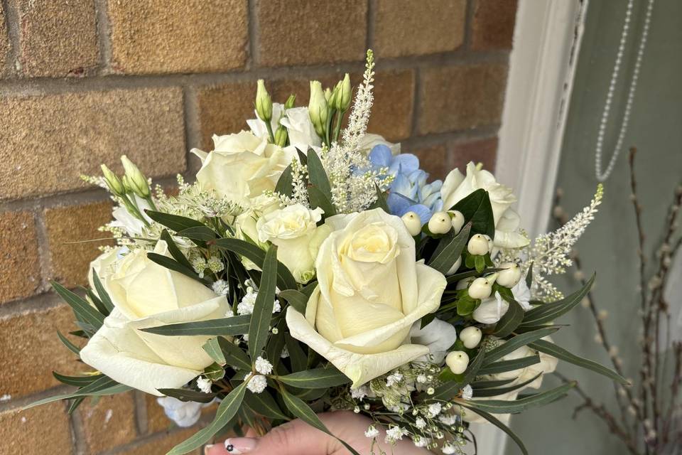 Blue and white bridal posy