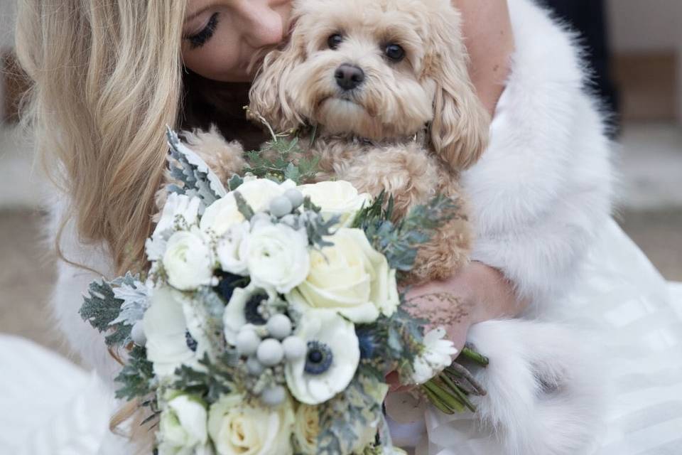 Newlywed and flower dog