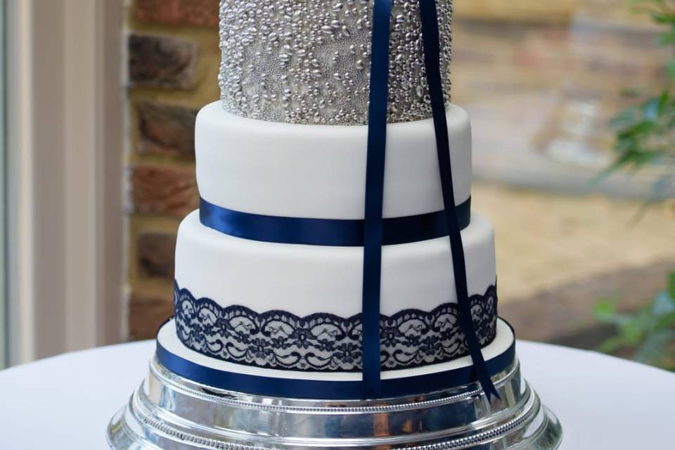 Navy and silver wedding cake