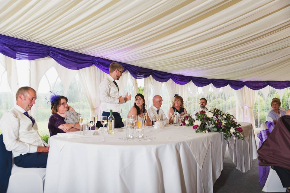 Purple decor inside marquee