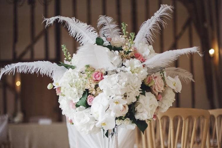 Ostrich feathers, hydrangeas and orchids