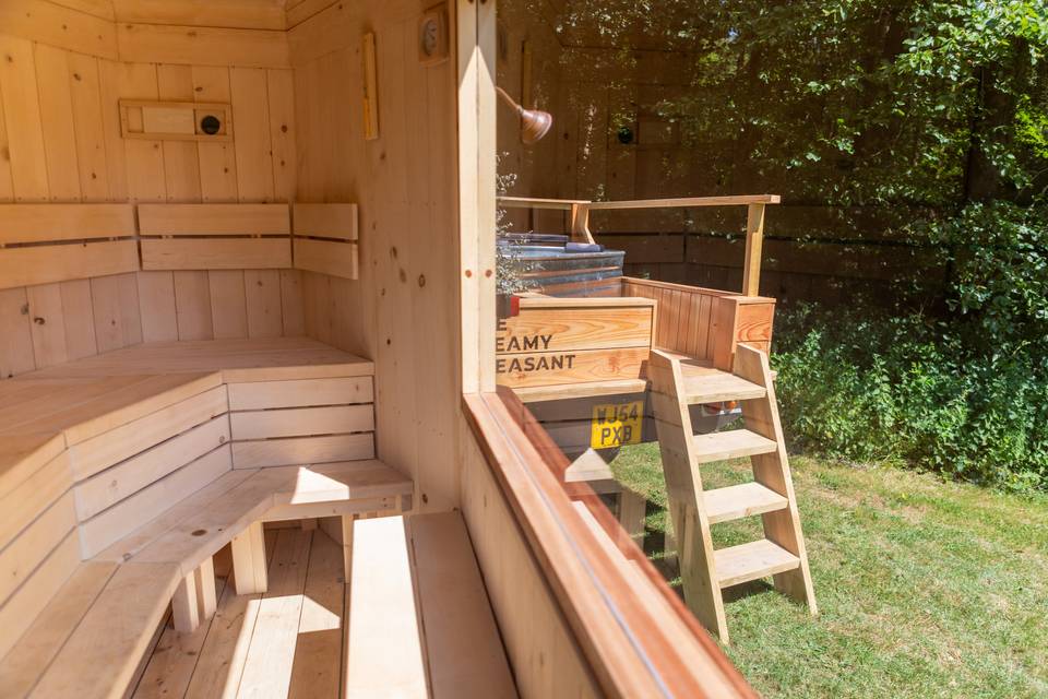 Corner view of sauna benches