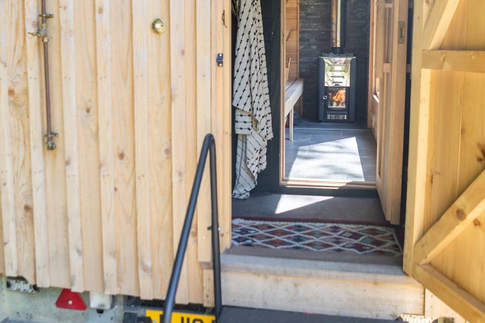 View through open sauna door