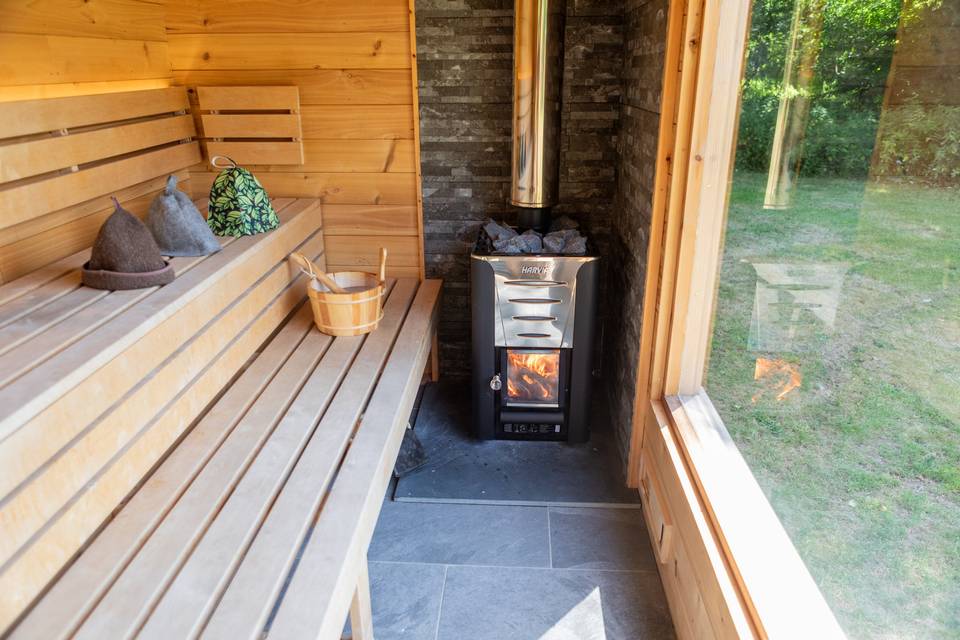 Wooden bench and sauna stove