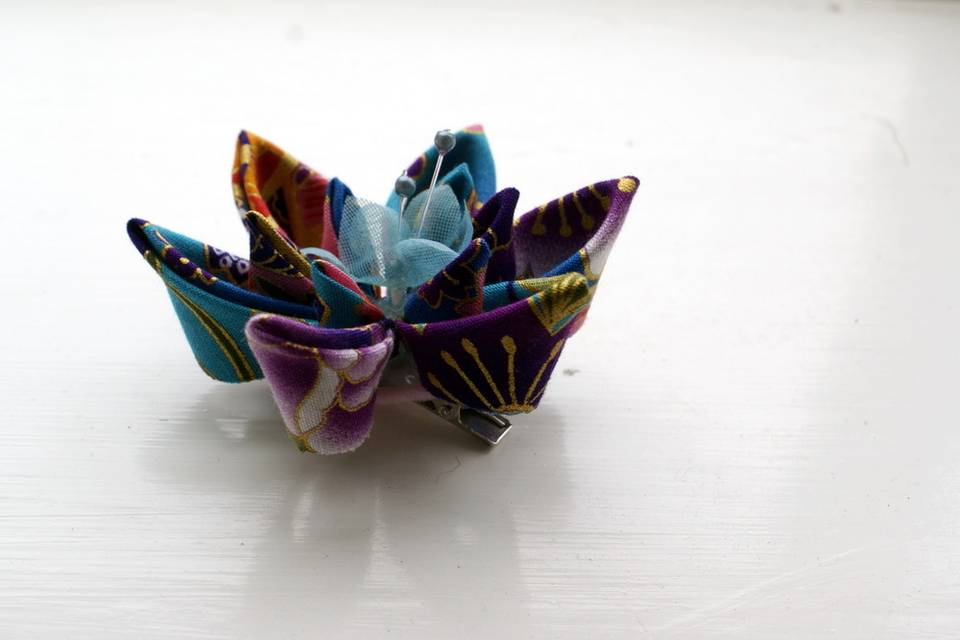 Purple and Turquoise Patterned Cotton Kanzashi