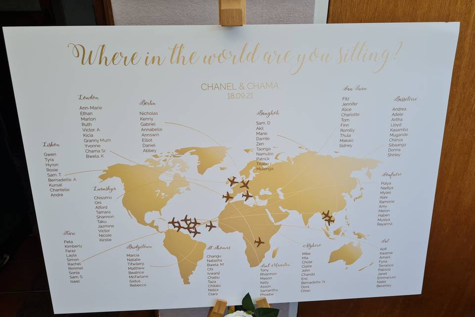 Gold world map table plan