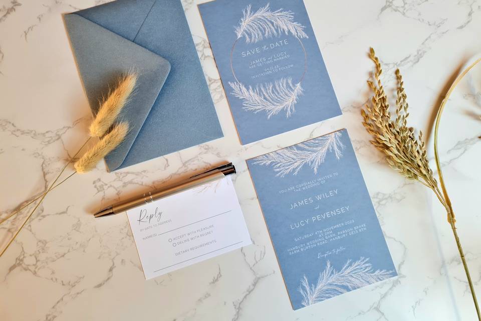 Dusty blue invites with pampas