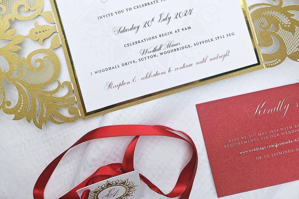 Gold and red lasercut invite