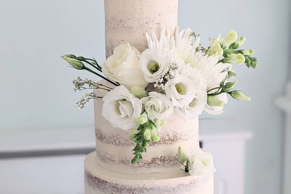 Semi-naked three-tier wedding cake