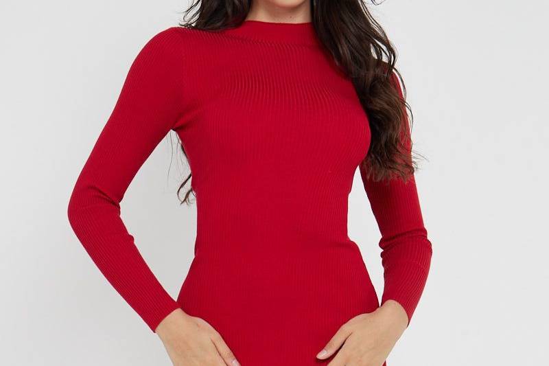 RIBBED TIE UP SLIT DRESS Red