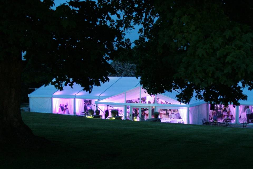 Marquee lit up in the evening