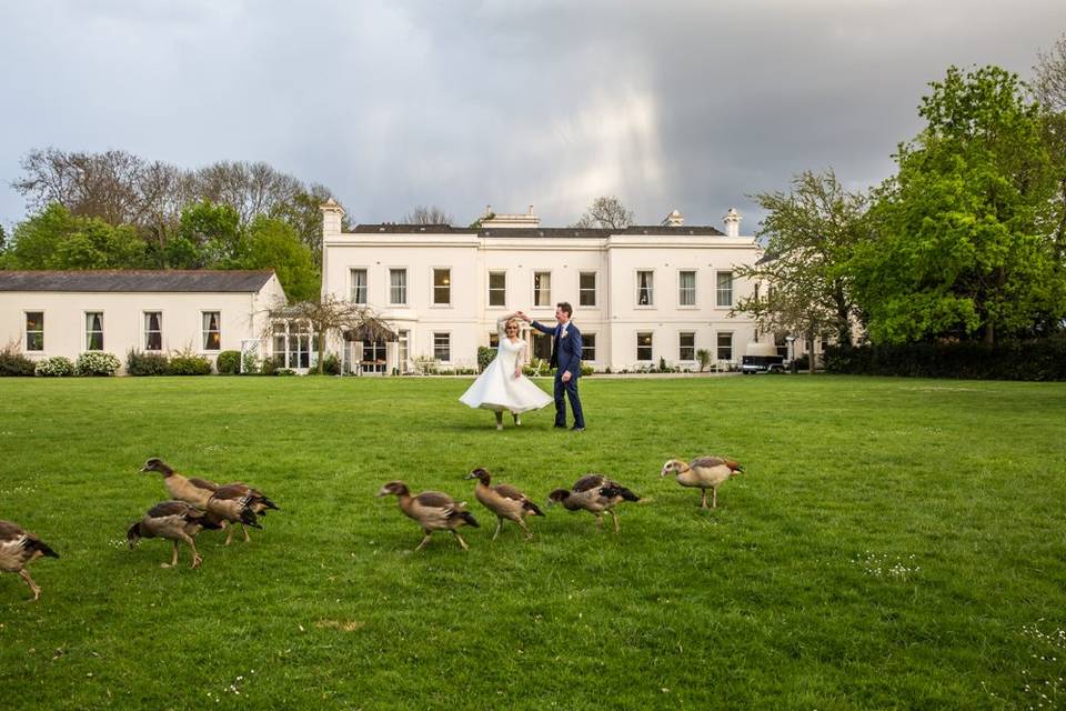 Bride & Groom with ducks.