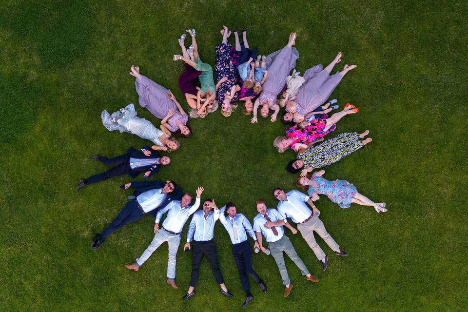 Drone shot of wedding party