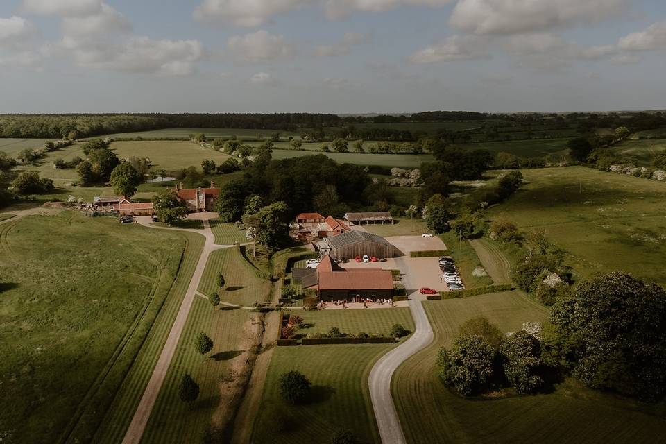 Aerial shot of barn and hall