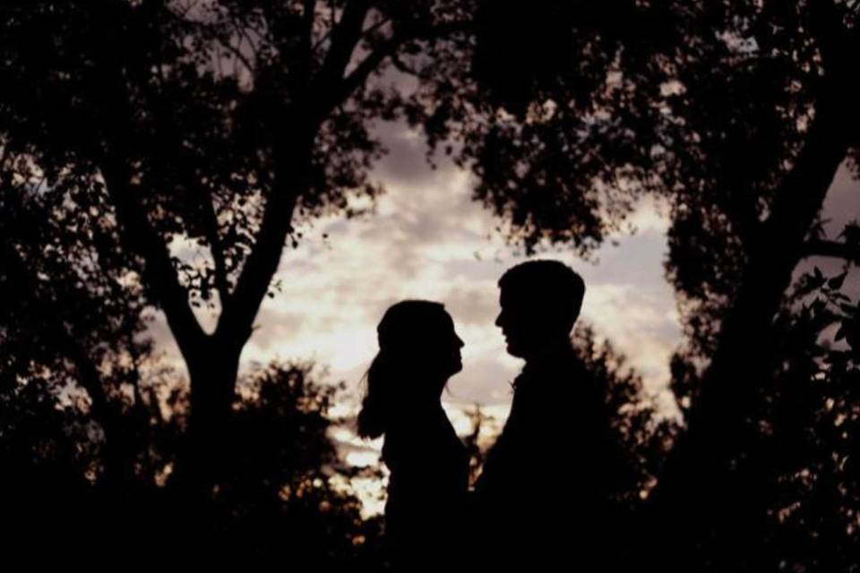 Bride and groom at sunset