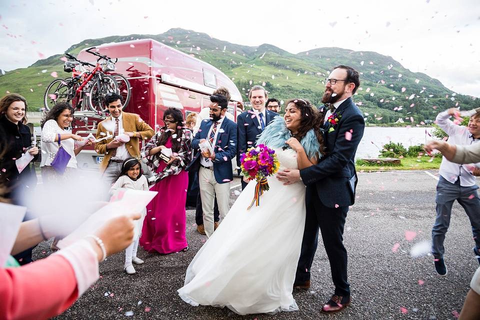 Wedding and red bus