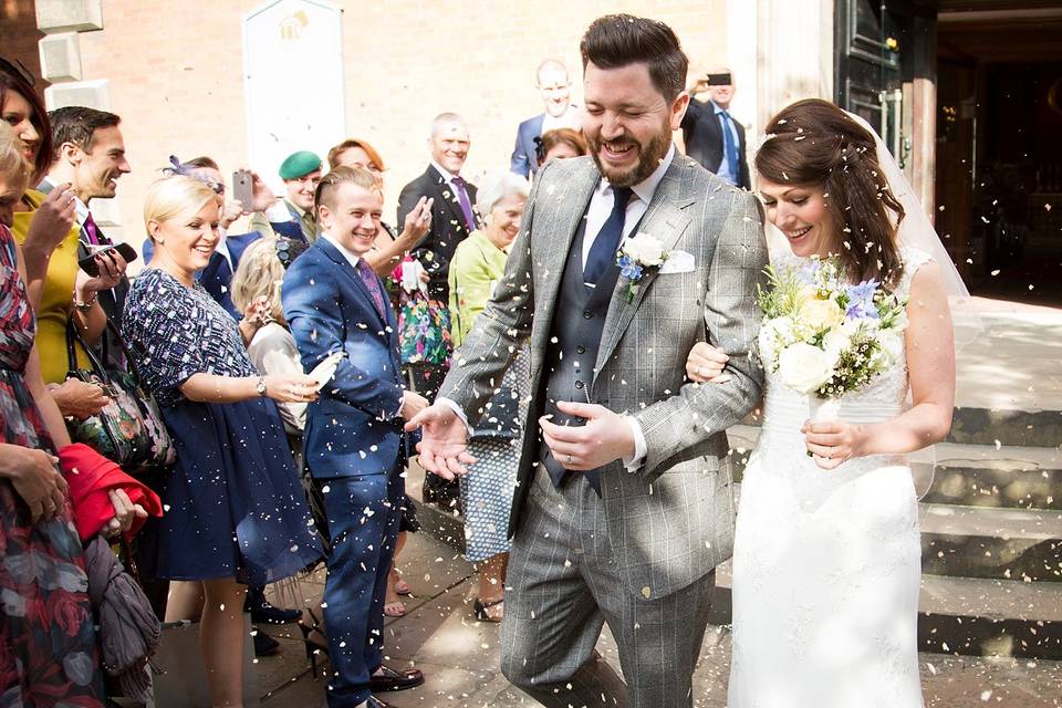 Wedding and red bus