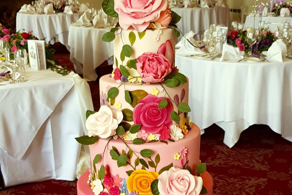 Painted flowers wedding cake