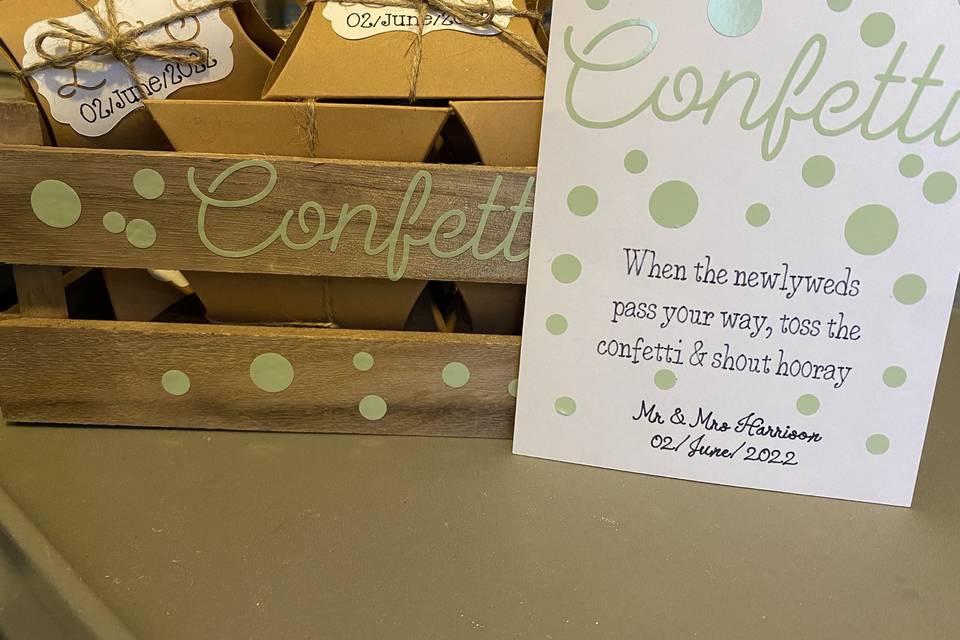 Confetti sign and crate