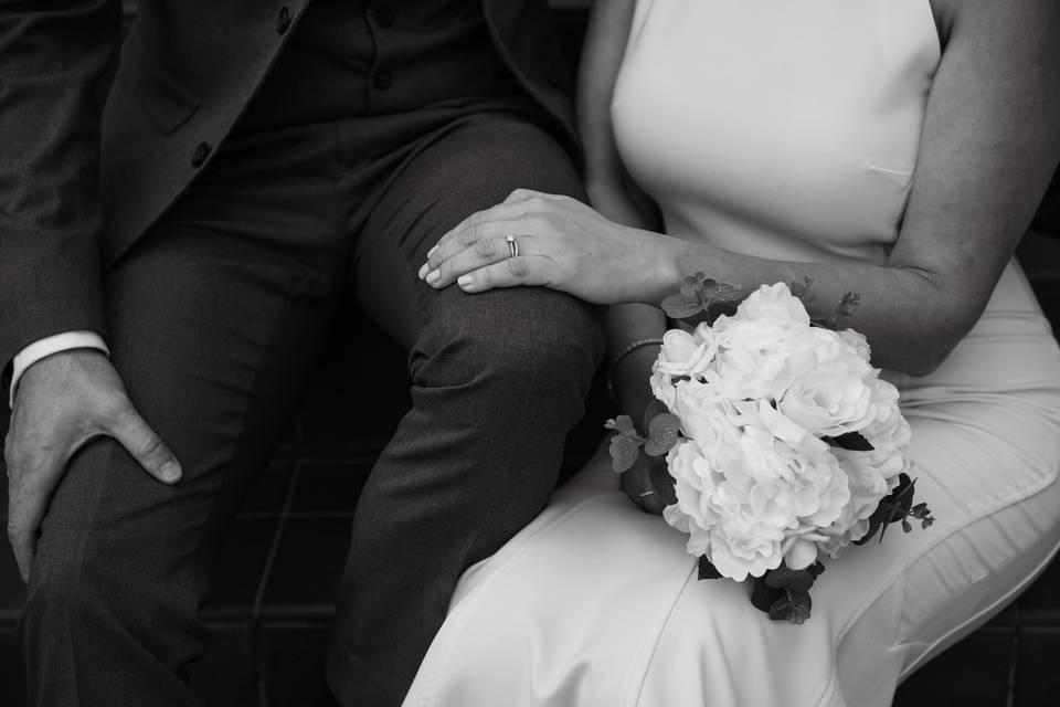 Bride and groom detail, B&W