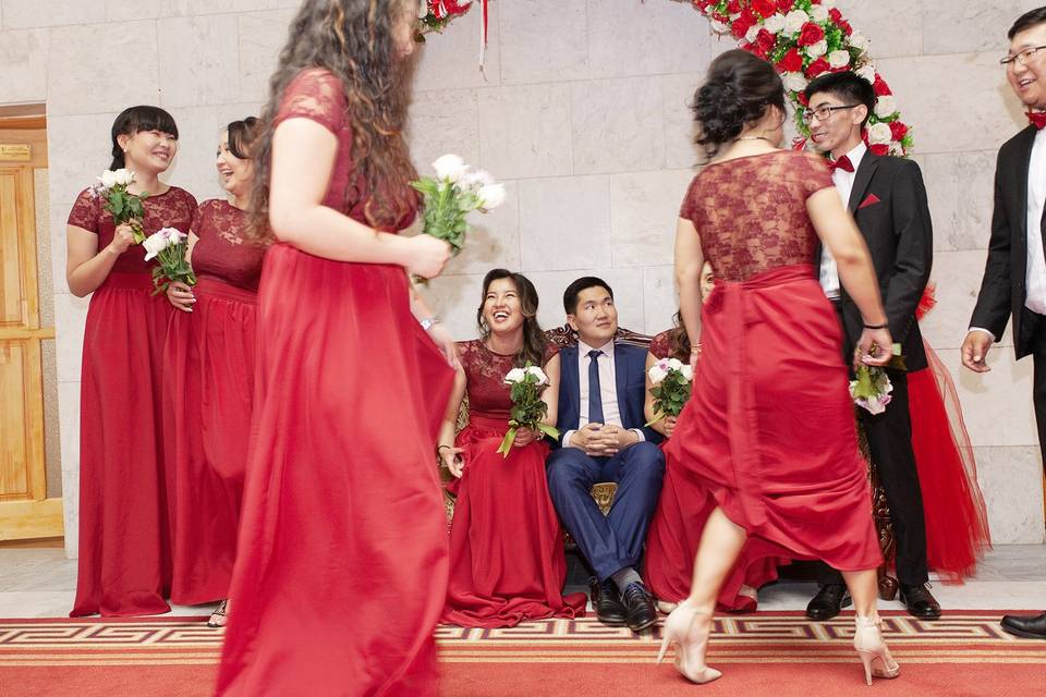 Groomsmen and bridesmaids.