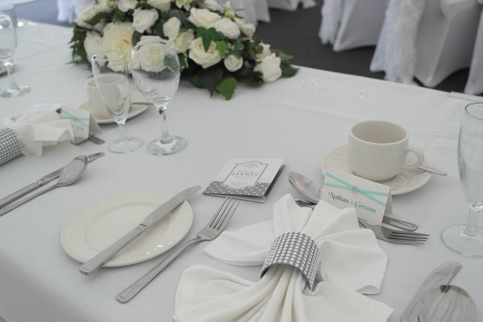 Place card and rose napkin tie