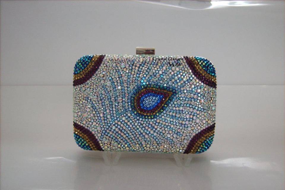 Peacock feather crystal clutch