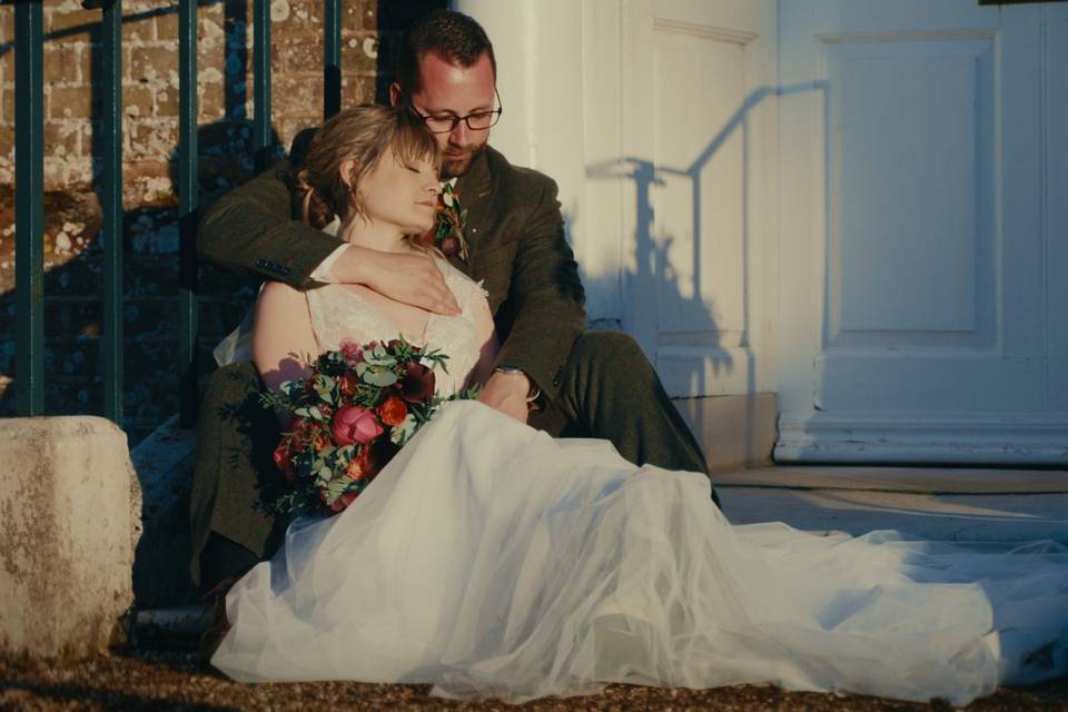 Bride and Groom on stairs