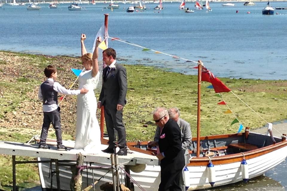 Wedding boat arrival at Tournerbury, Hampshire