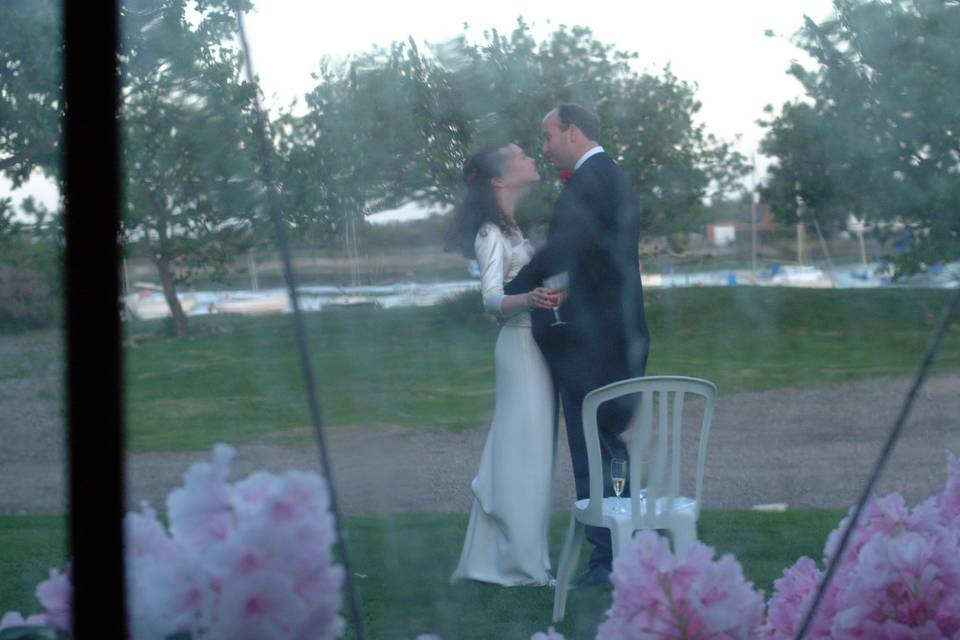 Wedding arrival by boat at Tournerbury