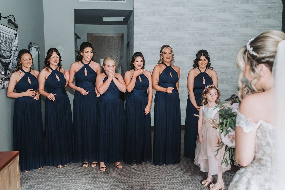 First look with bridesmaids