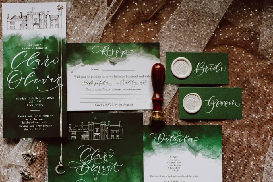 Emerald green invitation suite