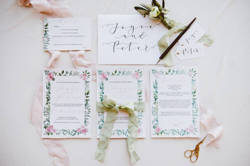 Rose and calligraphy invites