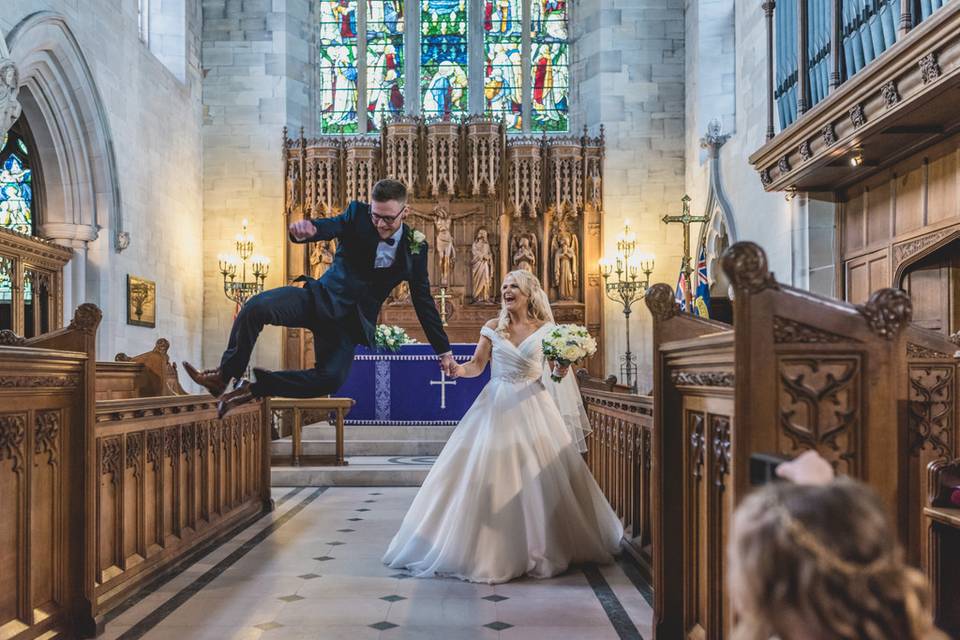 Church wedding  jump joy