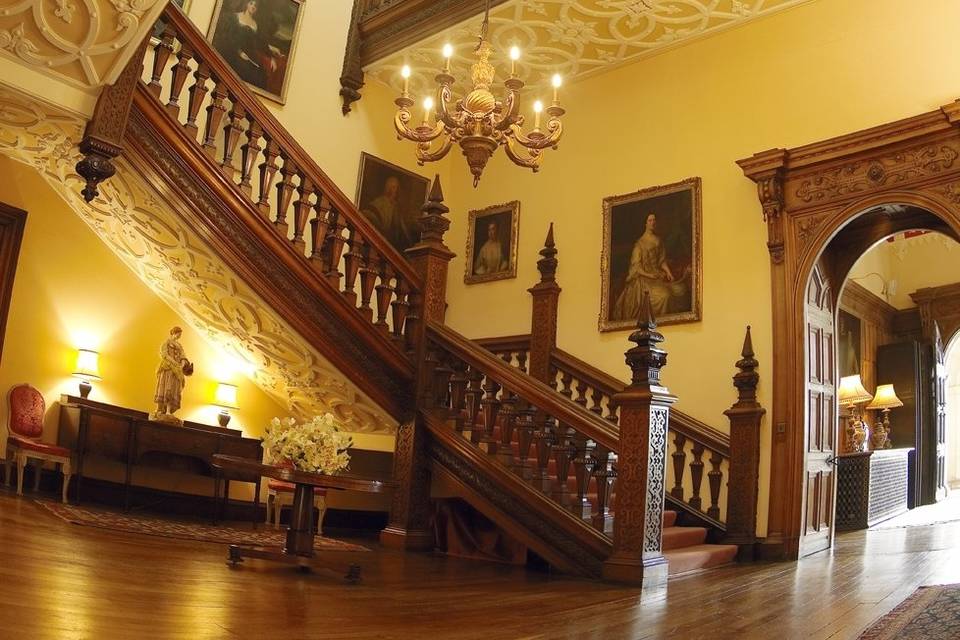 Grand staircase and library