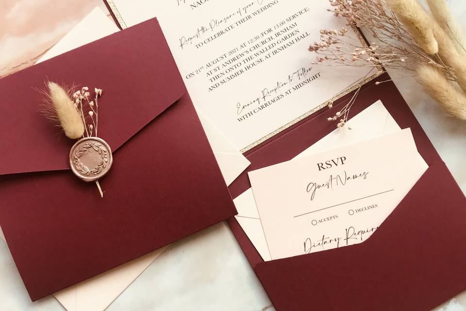 Gold Foiled Burgundy Acrylic Wedding Invitation - Luxury Velvet Pocketfold  Suite