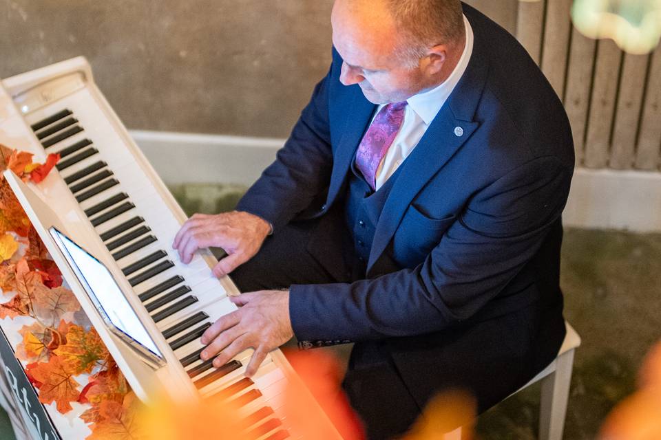 vertical overhead view pianist at autumn piano