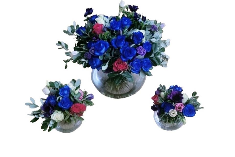 Bright blue table centrepiece