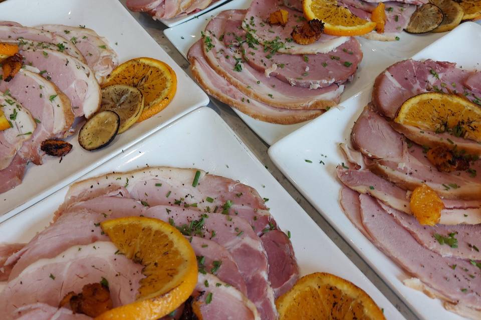 Roast ham with scorched citrus