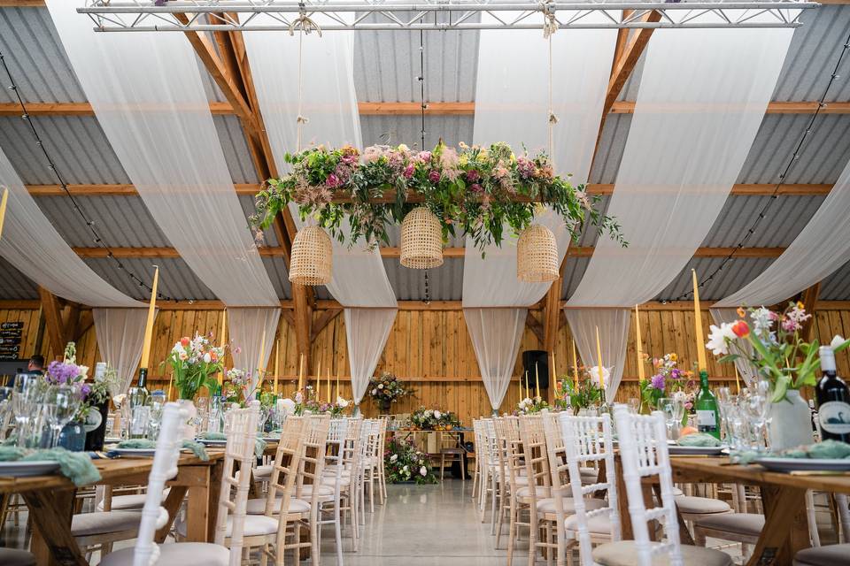 Drapes and hanging flowers