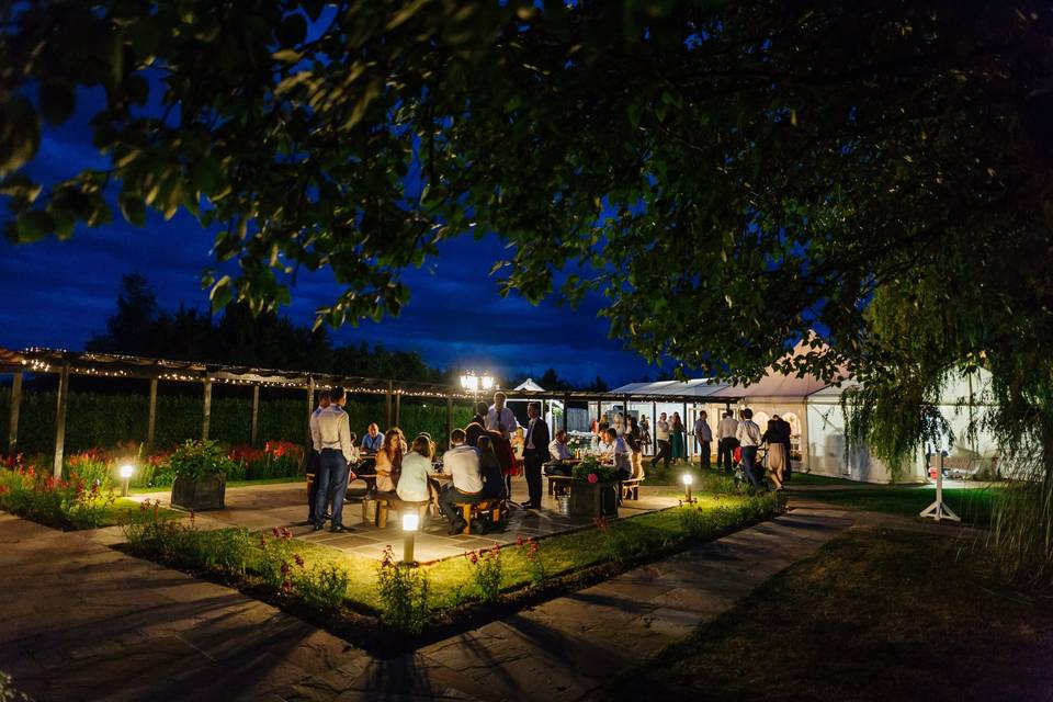 Patio reception area at night