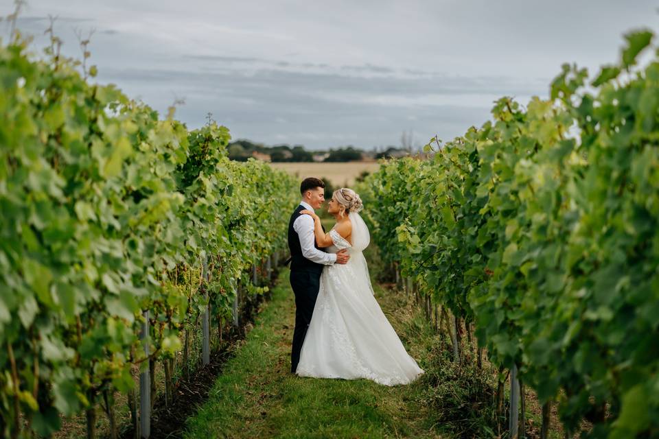 Bride and Groom in Vineyard