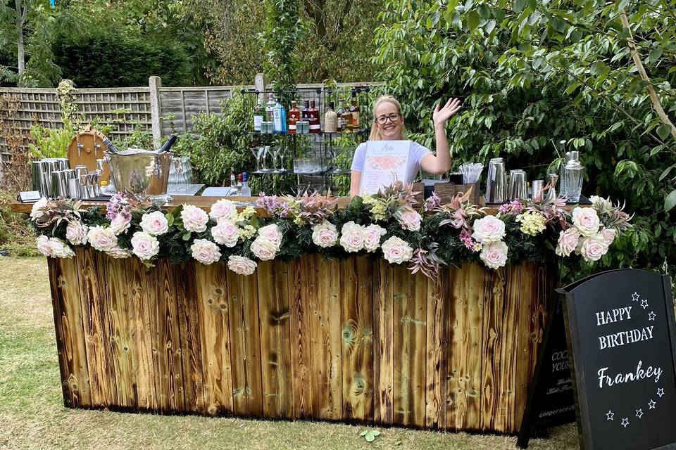 Our oak bar and floral decor