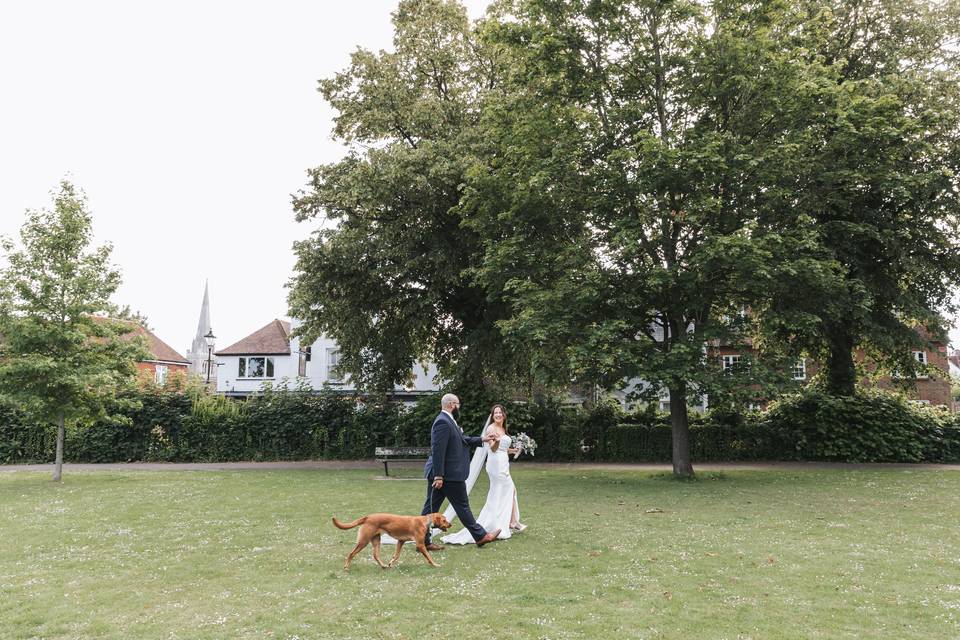Walking wedding photo